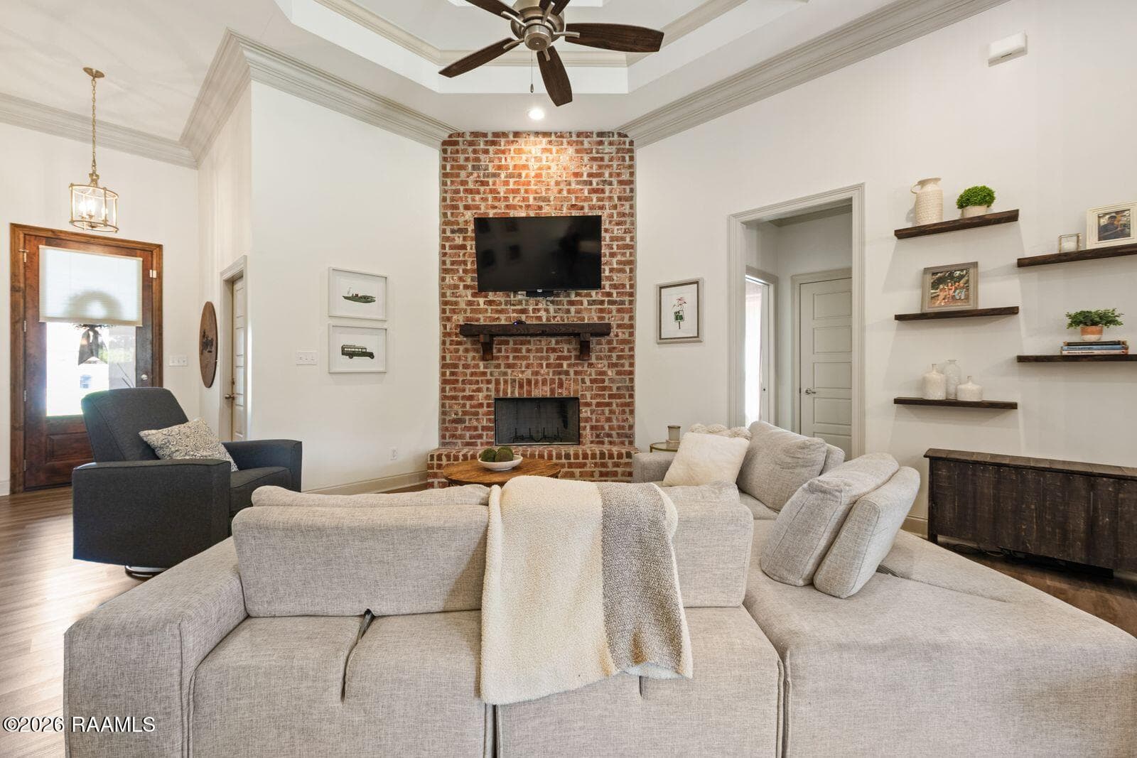Beautiful brick woodburning fireplace